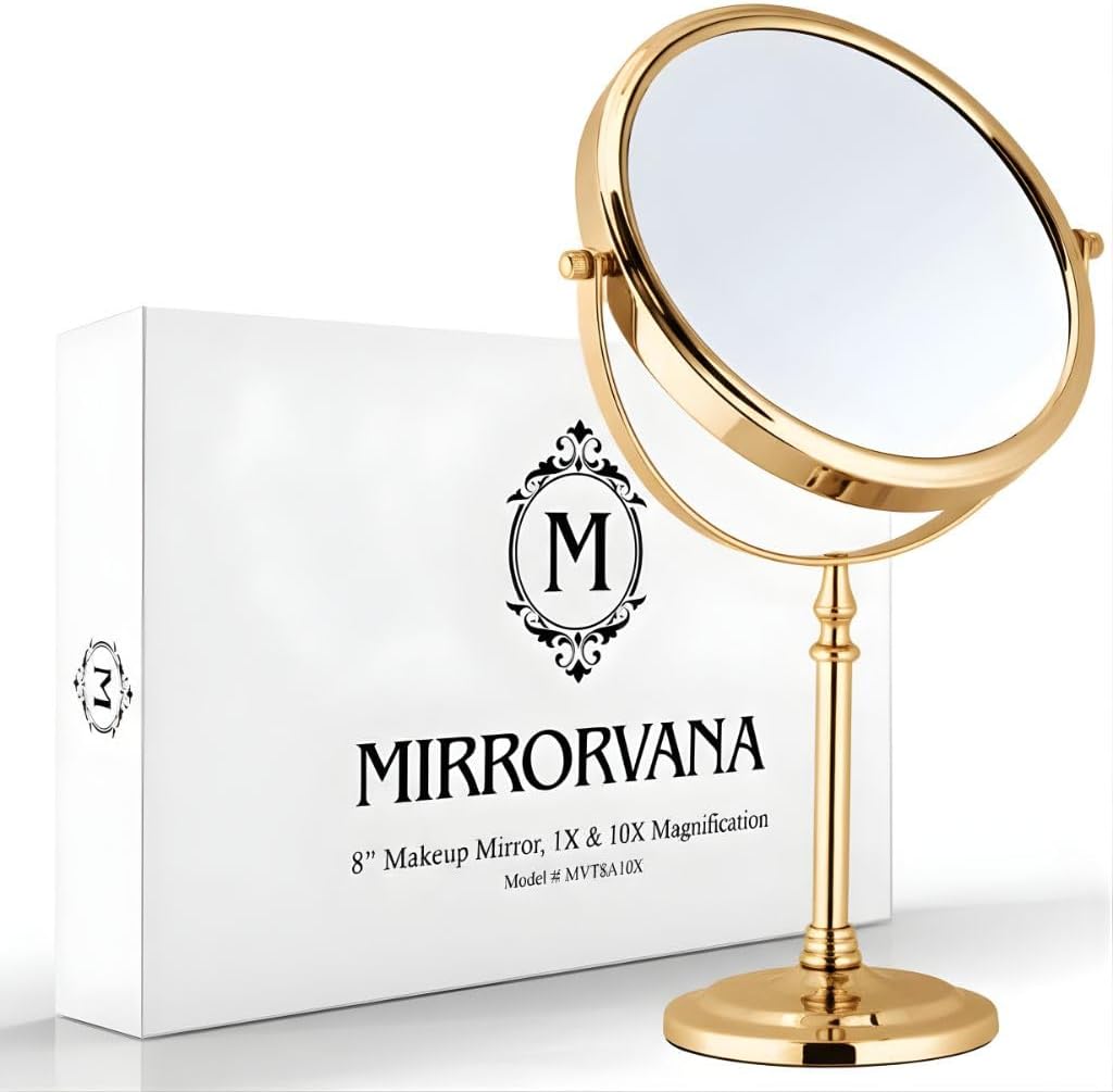 Double-Sided 10X/1X Tabletop Makeup Mirror in Gift Box, 8" Wide (Gold)