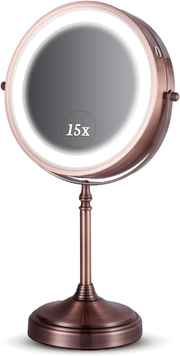 MIRRORVANA Lighted Make Up Mirror with 15X Magnification - 15X & 1X Double Sided LED Makeup Mirror with 3 Lighting Modes, Rechargeable Battery with USB Cable - 8" Wide & 15" Tall (Bronze)