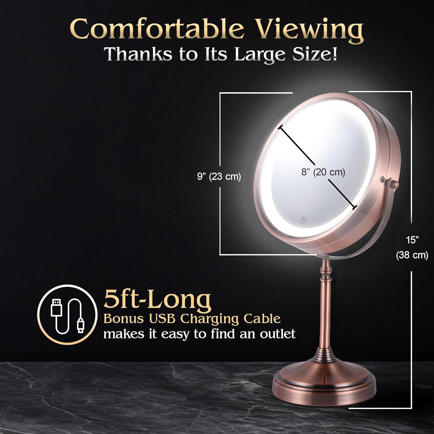 Lighted 15X/1X Magnifying Tabletop Makeup Mirror, 8" Wide (Bronze)