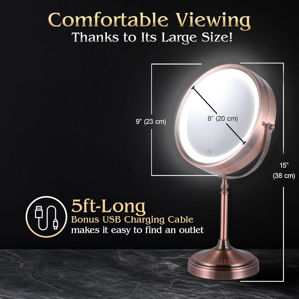 MIRRORVANA Lighted Make Up Mirror with 15X Magnification - 15X & 1X Double Sided LED Makeup Mirror with 3 Lighting Modes, Rechargeable Battery with USB Cable - 8" Wide & 15" Tall (Bronze)