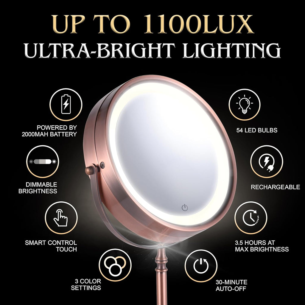 MIRRORVANA Lighted Make Up Mirror with 15X Magnification - 15X & 1X Double Sided LED Makeup Mirror with 3 Lighting Modes, Rechargeable Battery with USB Cable - 8" Wide & 15" Tall (Bronze)
