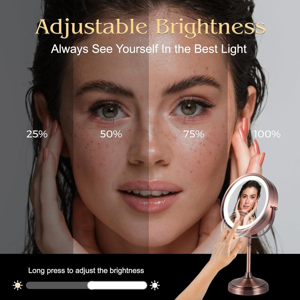 MIRRORVANA Lighted Make Up Mirror with 15X Magnification - 15X & 1X Double Sided LED Makeup Mirror with 3 Lighting Modes, Rechargeable Battery with USB Cable - 8" Wide & 15" Tall (Bronze)