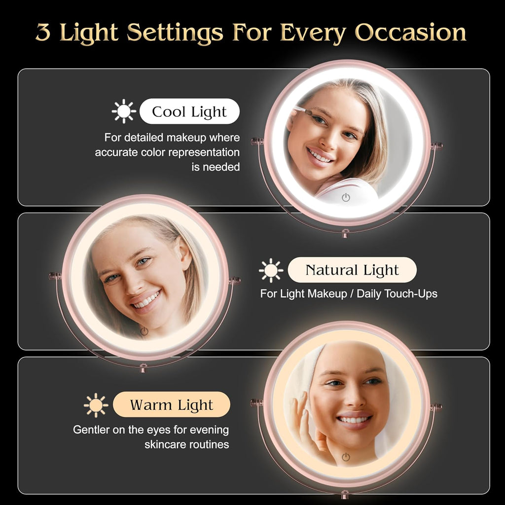 MIRRORVANA Lighted Make Up Mirror with 15X Magnification - 15X & 1X Double Sided LED Makeup Mirror with 3 Lighting Modes, Rechargeable Battery with USB Cable - 8" Wide & 15" Tall (Bronze)