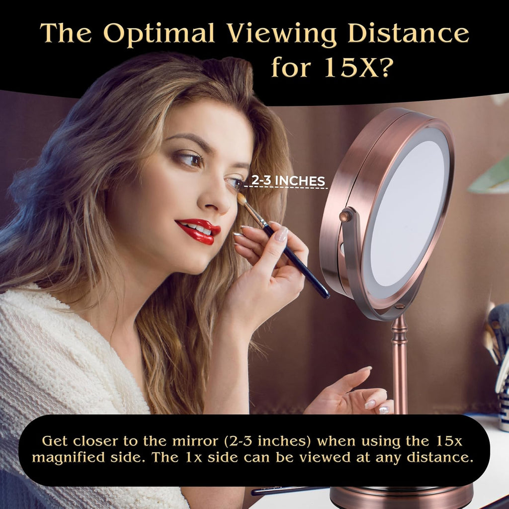 MIRRORVANA Lighted Make Up Mirror with 15X Magnification - 15X & 1X Double Sided LED Makeup Mirror with 3 Lighting Modes, Rechargeable Battery with USB Cable - 8" Wide & 15" Tall (Bronze)
