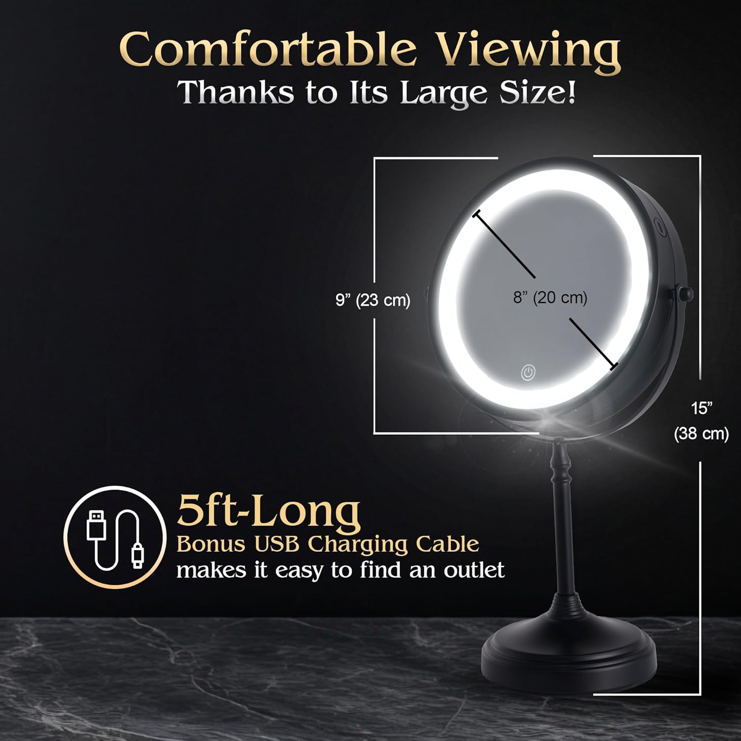 Lighted 20X/1X Magnifying Tabletop Makeup Mirror, 8" Wide (Black)
