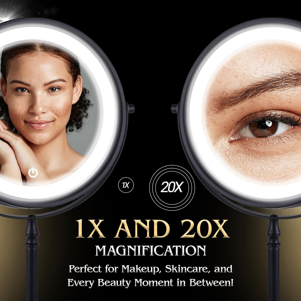 MIRRORVANA Ultra Zoom 20X Magnifying Lighted Makeup Mirror - 20X & 1X Dual Sided LED Make Up Mirror with 3 Lighting Modes, Rechargeable Battery with USB Cable - 8" Wide & 15" Tall (Black)
