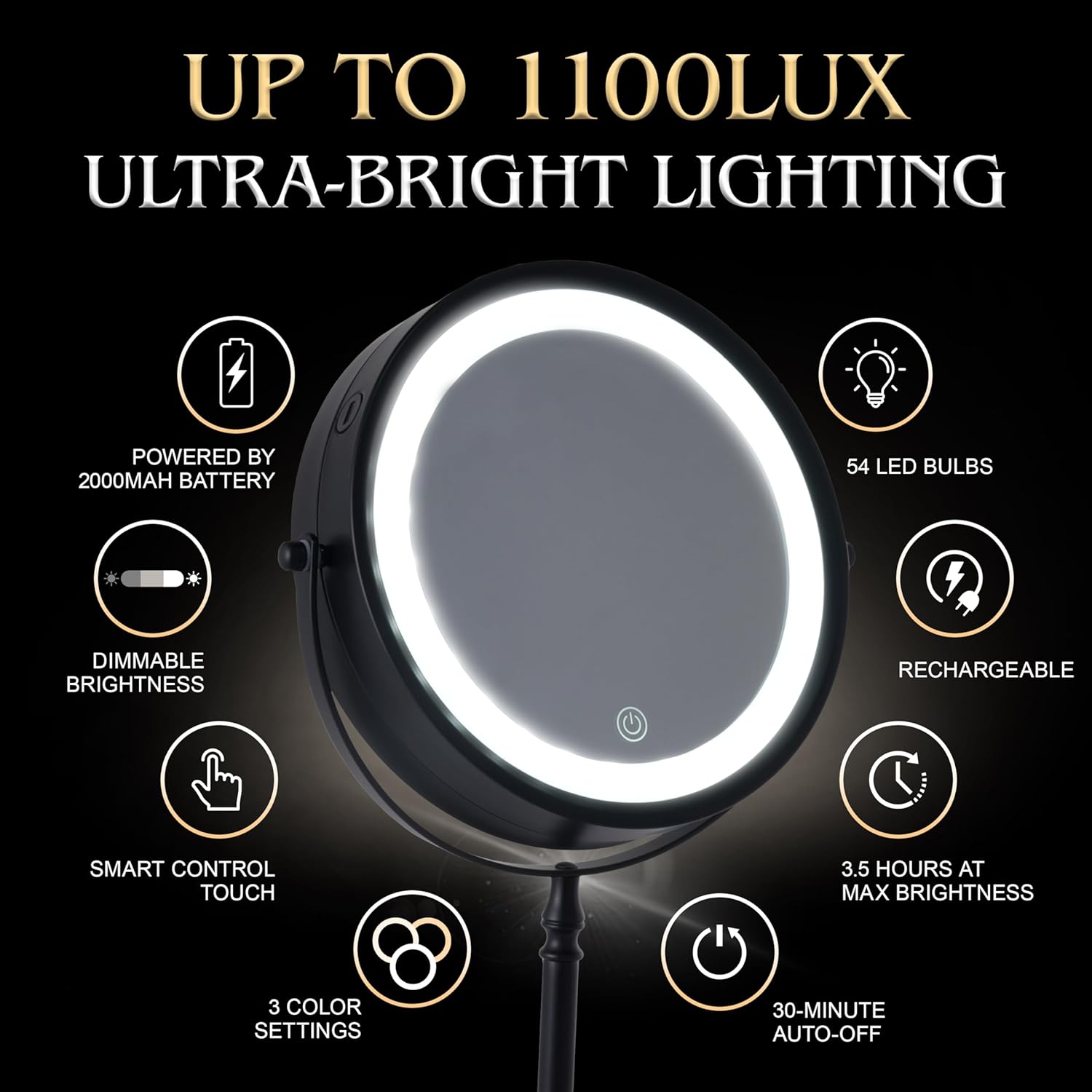 Lighted 20X/1X Magnifying Tabletop Makeup Mirror, 8" Wide (Black)