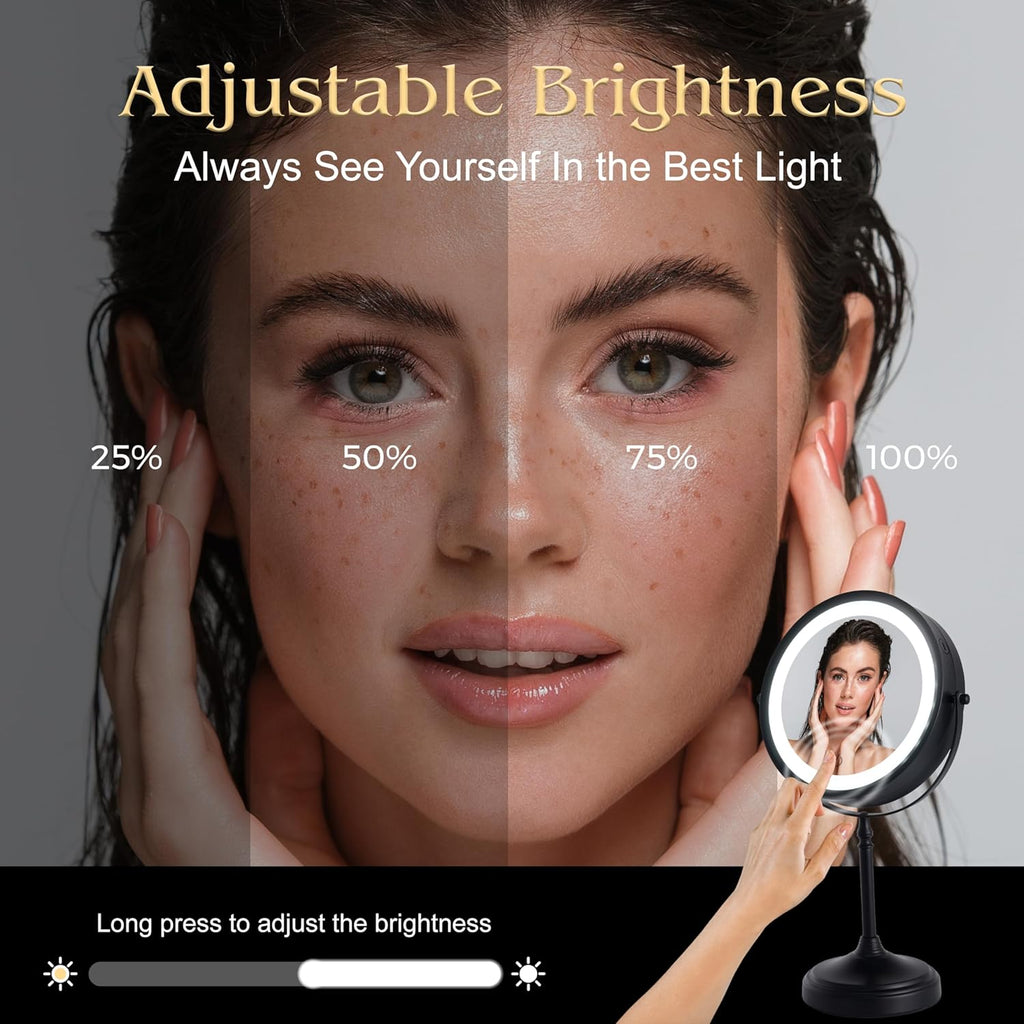 MIRRORVANA Ultra Zoom 20X Magnifying Lighted Makeup Mirror - 20X & 1X Dual Sided LED Make Up Mirror with 3 Lighting Modes, Rechargeable Battery with USB Cable - 8" Wide & 15" Tall (Black)