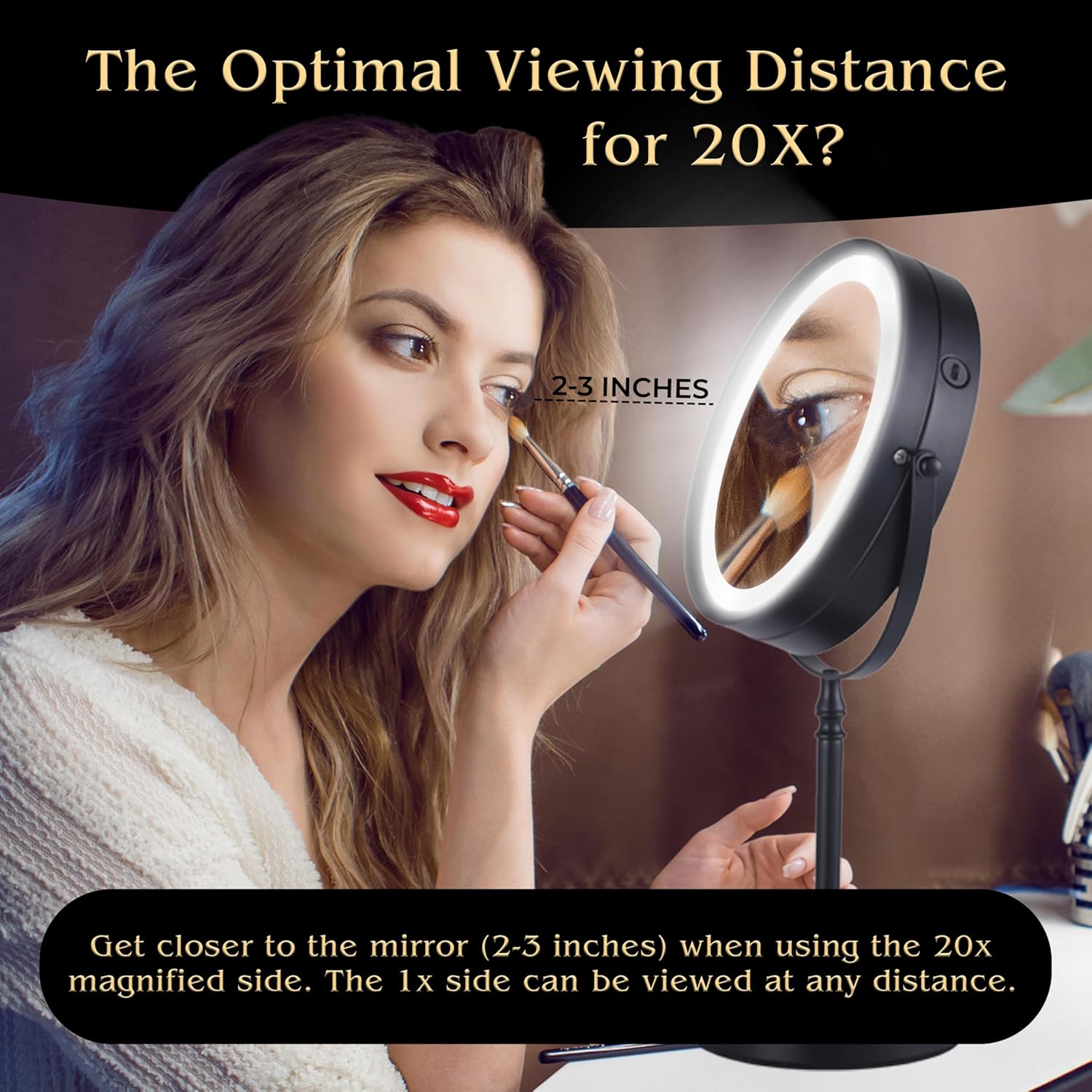 Lighted 20X/1X Magnifying Tabletop Makeup Mirror, 8" Wide (Black)