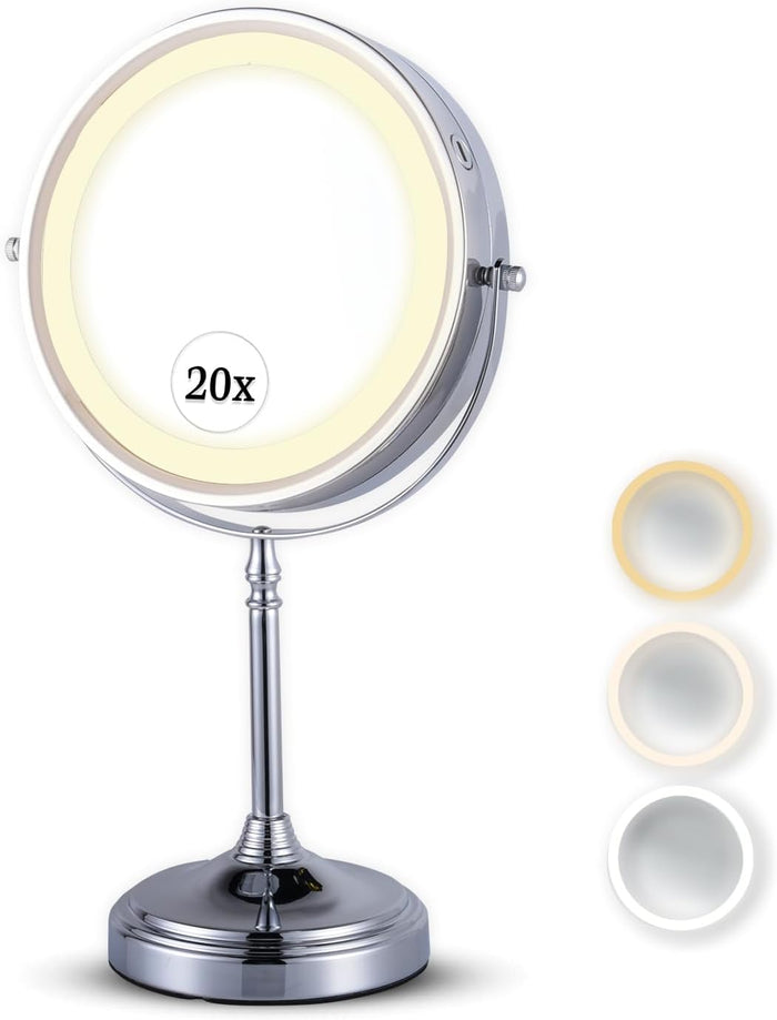 MIRRORVANA Ultra Zoom 20X Magnifying Lighted Table Mirror for Makeup - 20X & 1X Dual Sided LED Make-up Mirror with 3 Light Modes, Rechargeable Battery with USB Cable - 8" Wide & 15" Tall (Chrome)