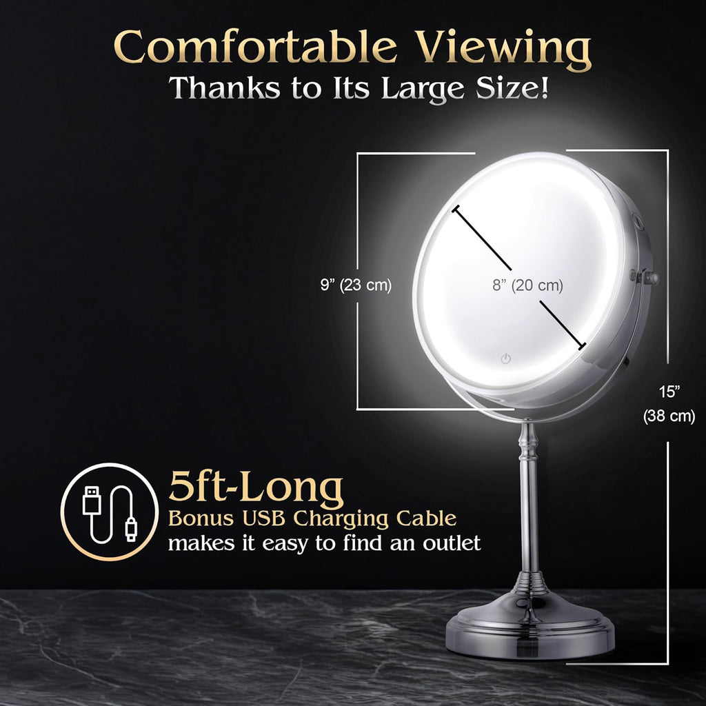 MIRRORVANA Ultra Zoom 20X Magnifying Lighted Table Mirror for Makeup - 20X & 1X Dual Sided LED Make-up Mirror with 3 Light Modes, Rechargeable Battery with USB Cable - 8" Wide & 15" Tall (Chrome)