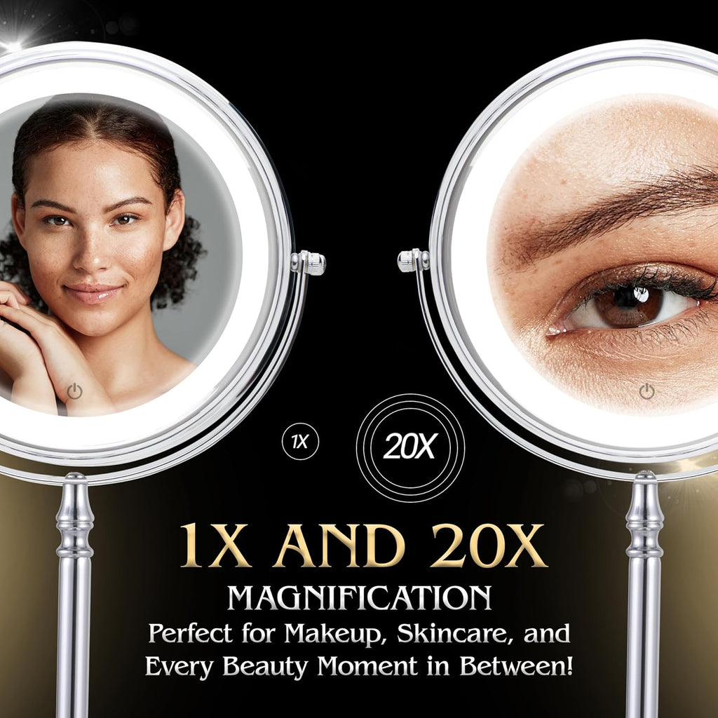 MIRRORVANA Ultra Zoom 20X Magnifying Lighted Table Mirror for Makeup - 20X & 1X Dual Sided LED Make-up Mirror with 3 Light Modes, Rechargeable Battery with USB Cable - 8" Wide & 15" Tall (Chrome)