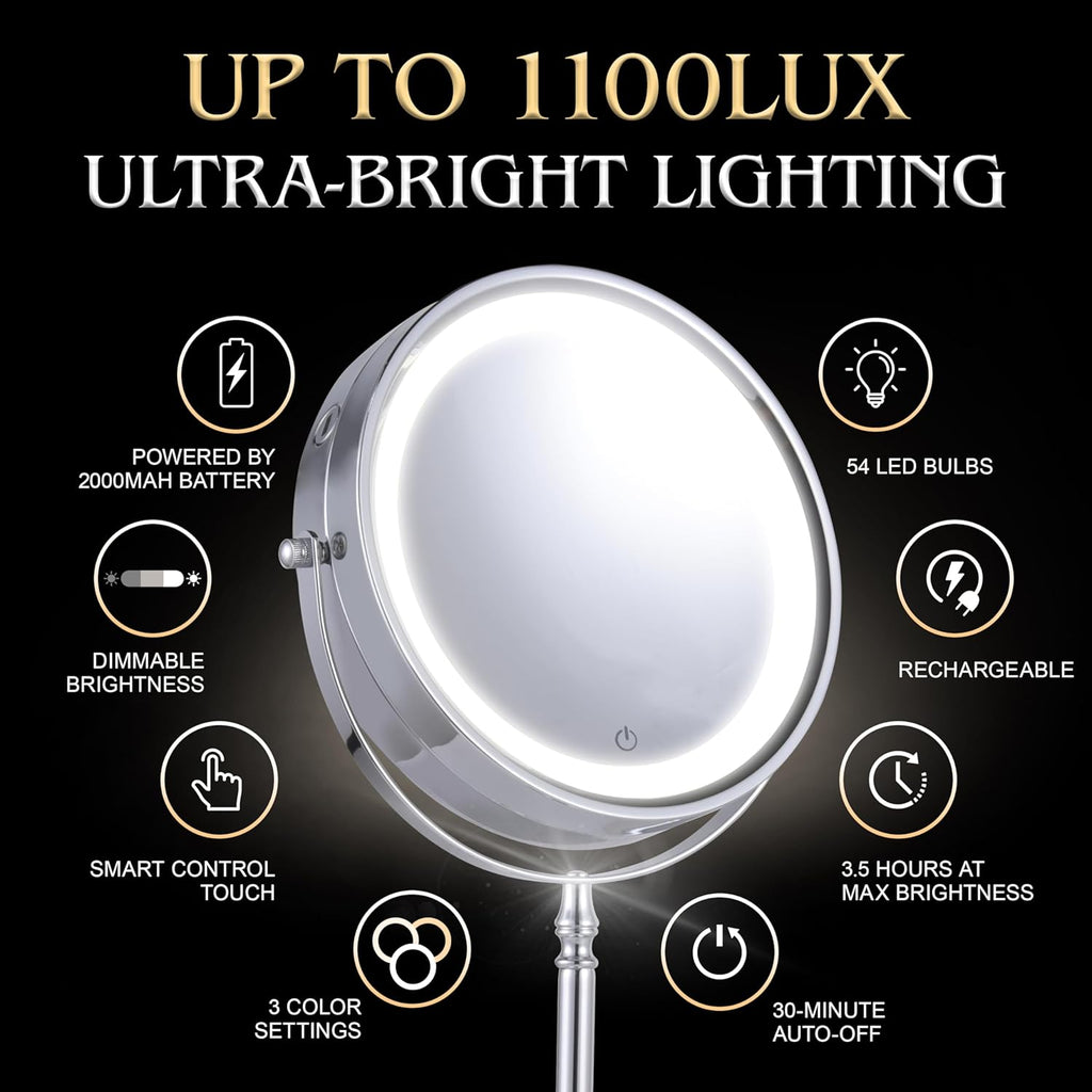 MIRRORVANA Ultra Zoom 20X Magnifying Lighted Table Mirror for Makeup - 20X & 1X Dual Sided LED Make-up Mirror with 3 Light Modes, Rechargeable Battery with USB Cable - 8" Wide & 15" Tall (Chrome)