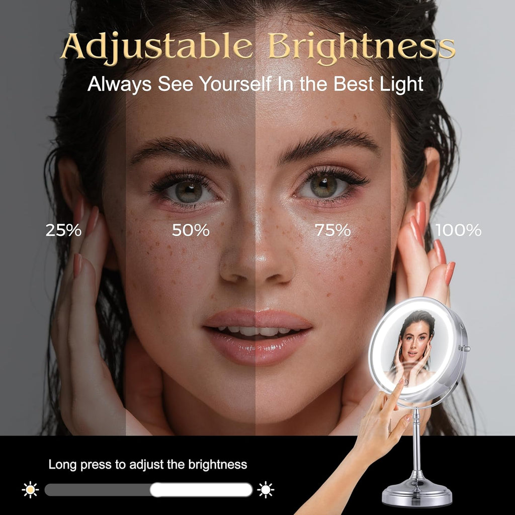 MIRRORVANA Ultra Zoom 20X Magnifying Lighted Table Mirror for Makeup - 20X & 1X Dual Sided LED Make-up Mirror with 3 Light Modes, Rechargeable Battery with USB Cable - 8" Wide & 15" Tall (Chrome)