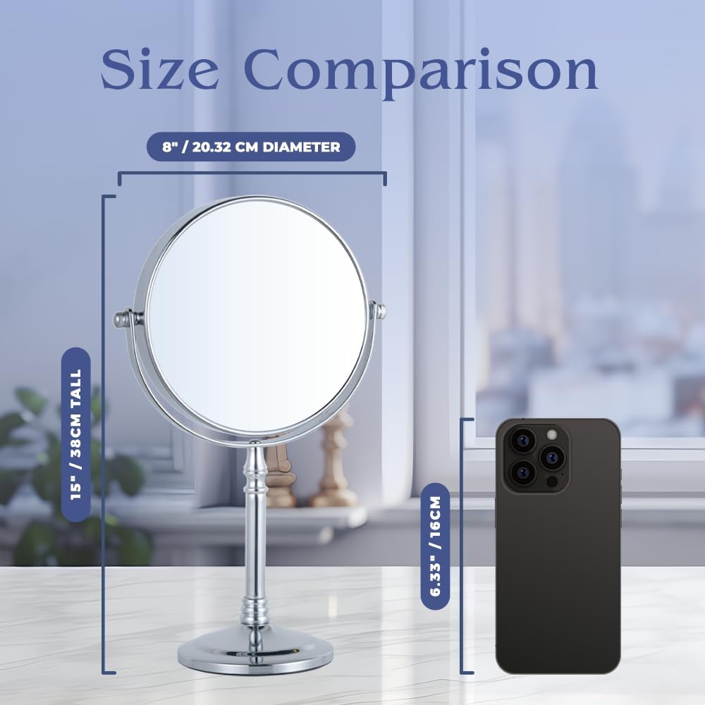 Double-Sided 10X/1X Tabletop Makeup Mirror in Gift Box, 8" Wide (Chrome)