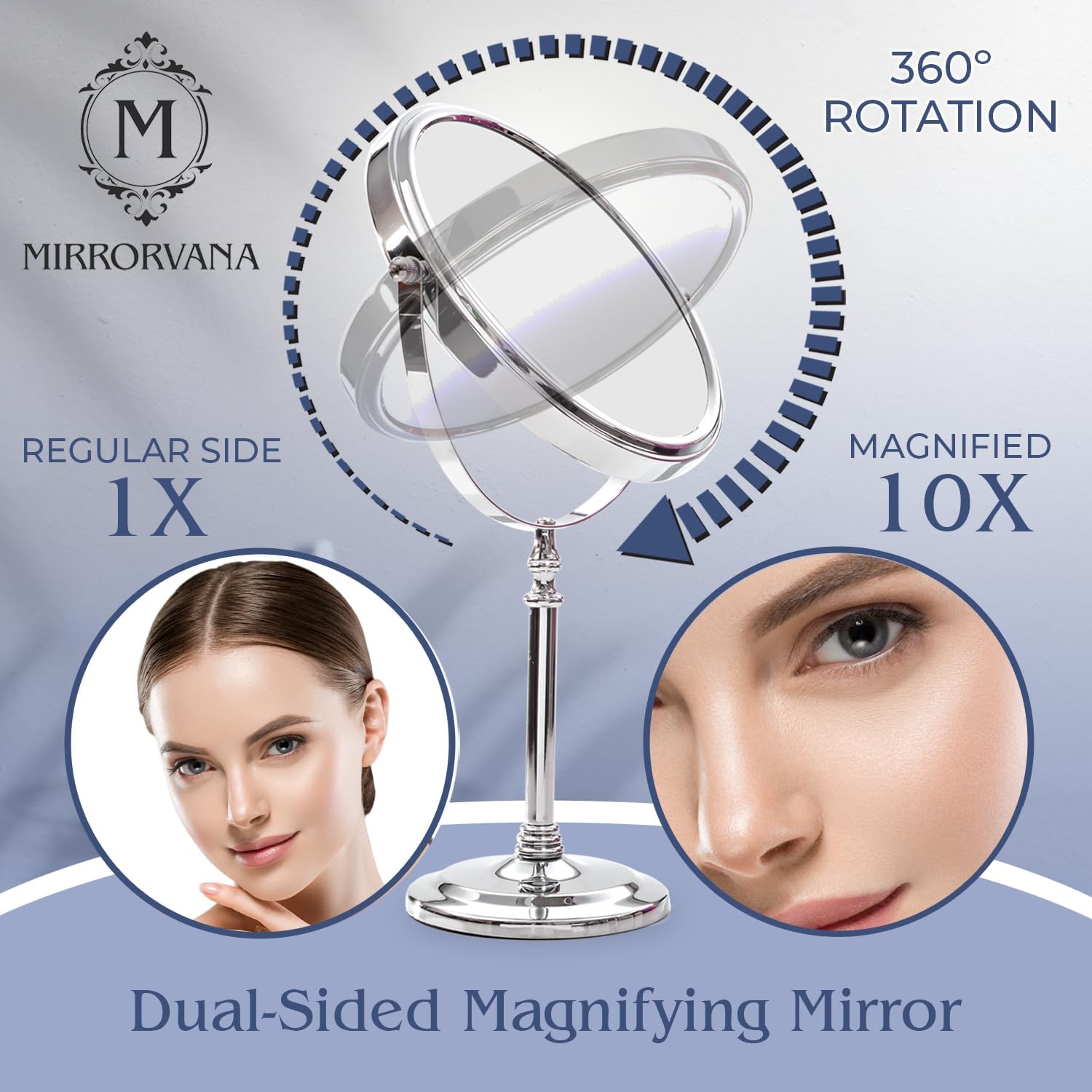 Double-Sided 10X/1X Tabletop Makeup Mirror in Gift Box, 8" Wide (Chrome)