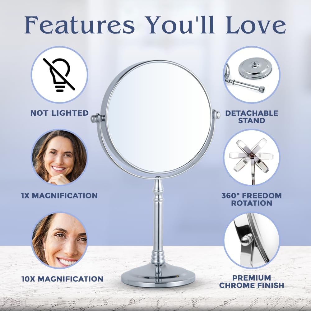 Double-Sided 10X/1X Tabletop Makeup Mirror in Gift Box, 8" Wide (Chrome)