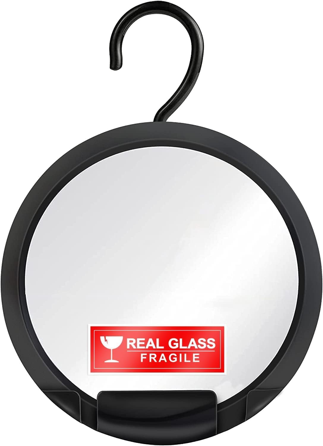Round Hangable Fogless Shower Mirror with Real Glass Surface and Razor Holder (Black)