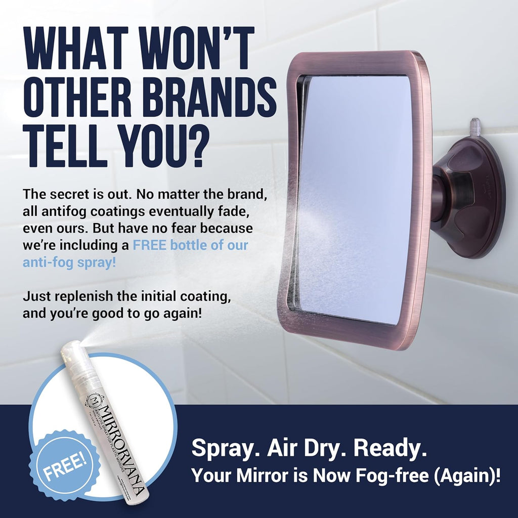 MIRRORVANA Fogless Shower Mirror for Shaving with Improved Suction and 360° Swivel - Unbreakable Fog Free Mirror for Men and Women - 6.3" x 6.3" (Bronze)