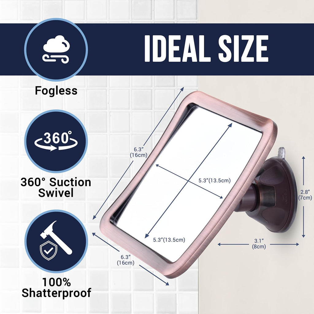 MIRRORVANA Fogless Shower Mirror for Shaving with Improved Suction and 360° Swivel - Unbreakable Fog Free Mirror for Men and Women - 6.3" x 6.3" (Bronze)
