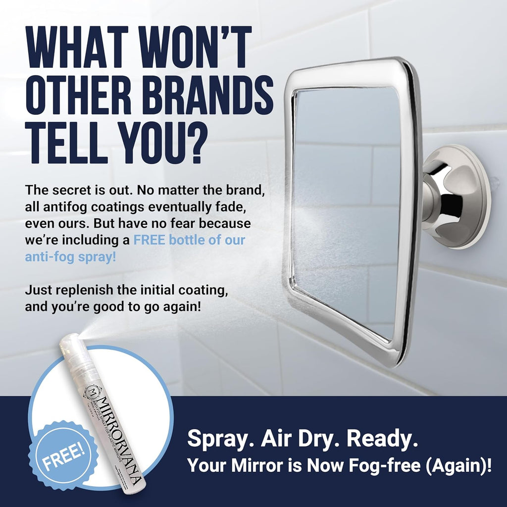MIRRORVANA Fogless Shower Mirror for Shaving with Upgraded Suction-Cup, 1X Magnifying, 6.3 x 6.3 Inch (Chrome Frame, Grey Suction)
