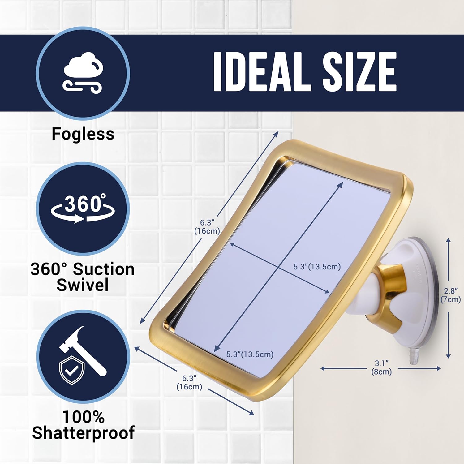 Fogless Shower Mirror for Shaving with Suction Mount (Gold)