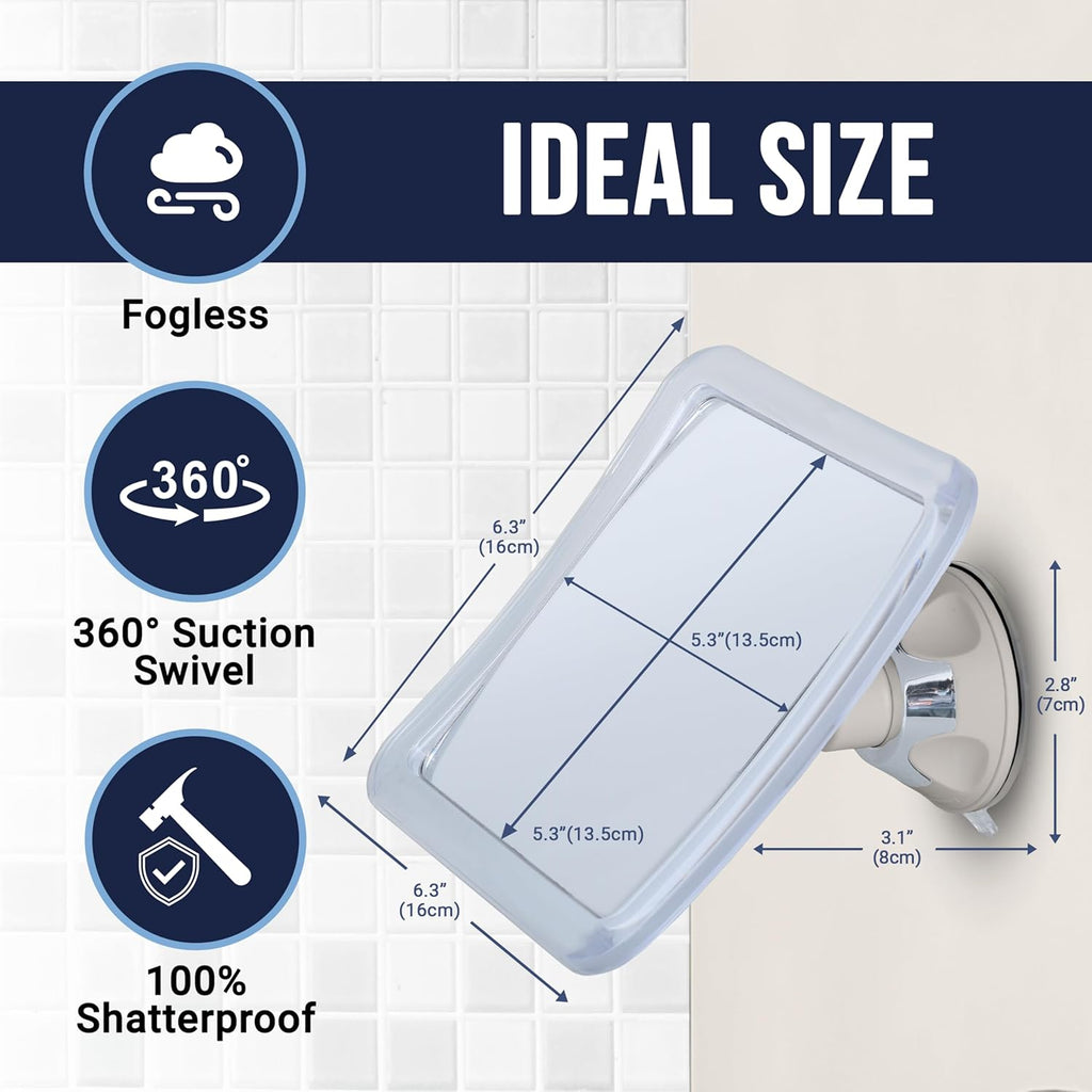 MIRRORVANA Fogless Shower Mirror for Shaving with Upgraded Suction-Cup, 1X Magnifying, 6.3 x 6.3 Inch (Translucent Frame, Grey Suction)