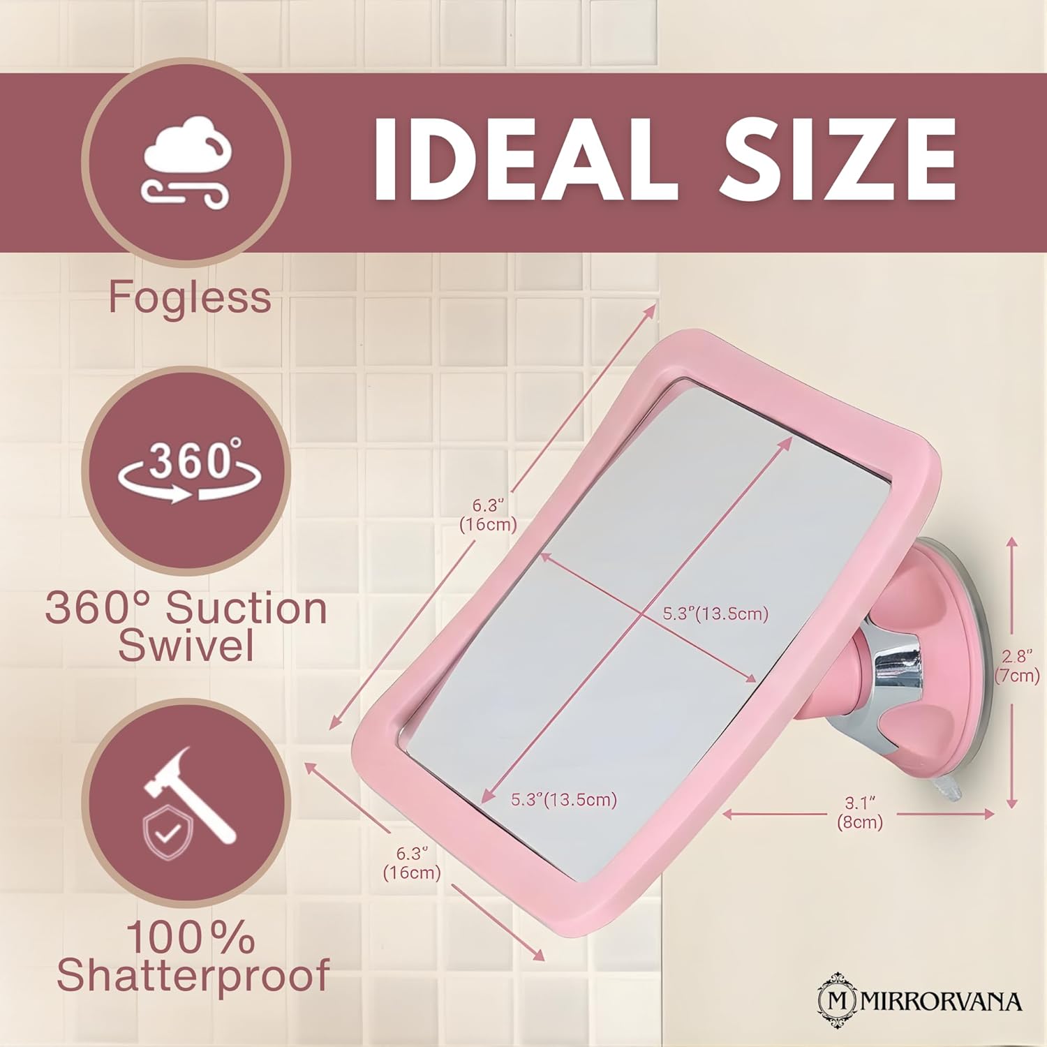 Fogless Shower Mirror for Skincare and Grooming with Suction Mount (Pink)