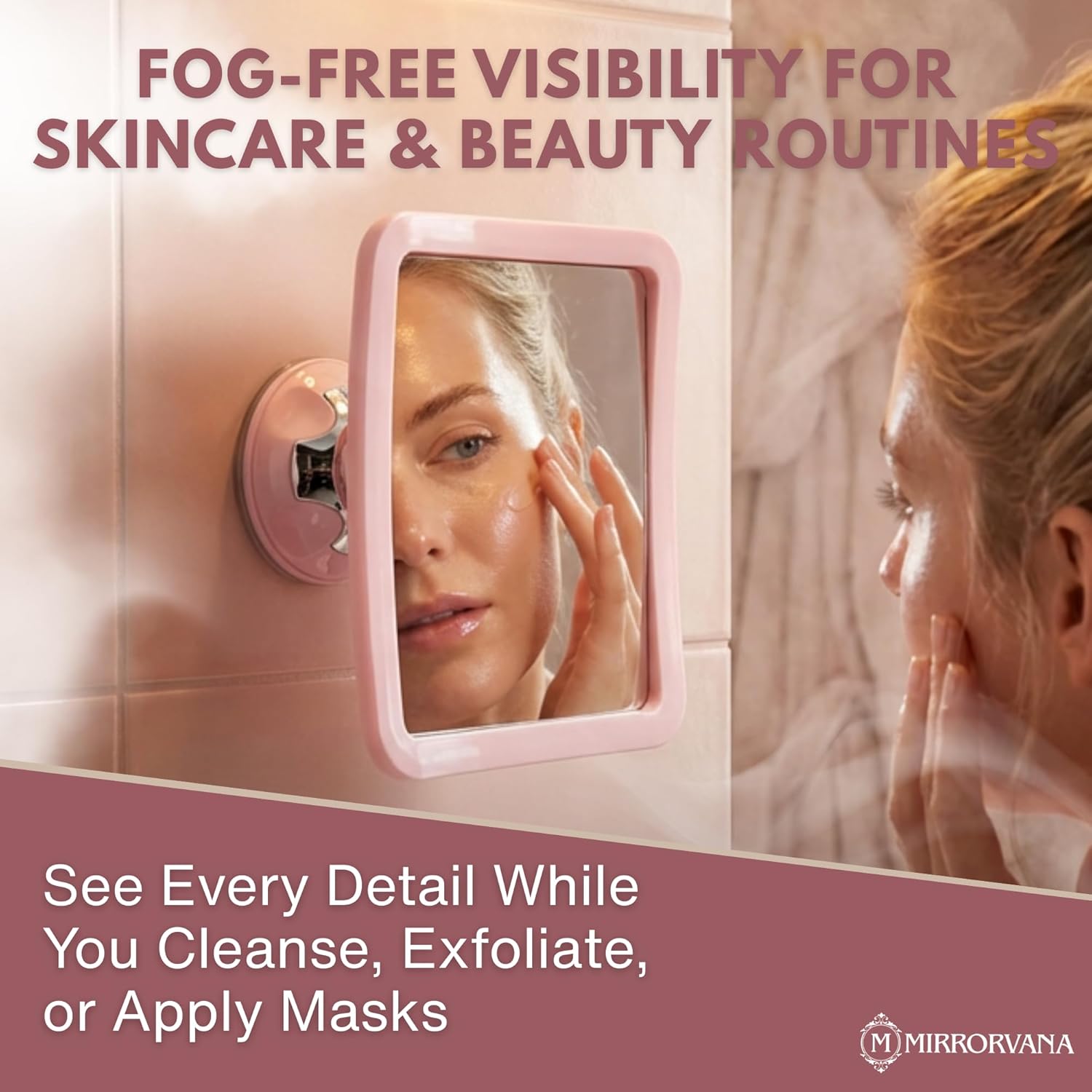 Fogless Shower Mirror for Skincare and Grooming with Suction Mount (Pink)
