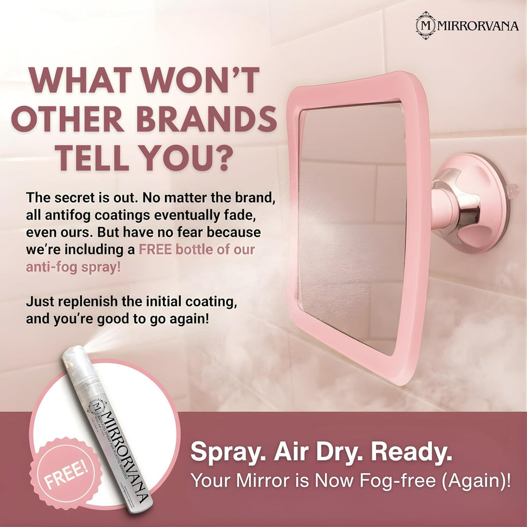 MIRRORVANA Fogless Shower Mirror for Skincare and Grooming, Anti Fog Shatterproof Design with Strong Suction and 360° Swivel, Women’s Beauty Routine Friendly Bathroom Mirror - 6.3" x 6.3" (Pink)