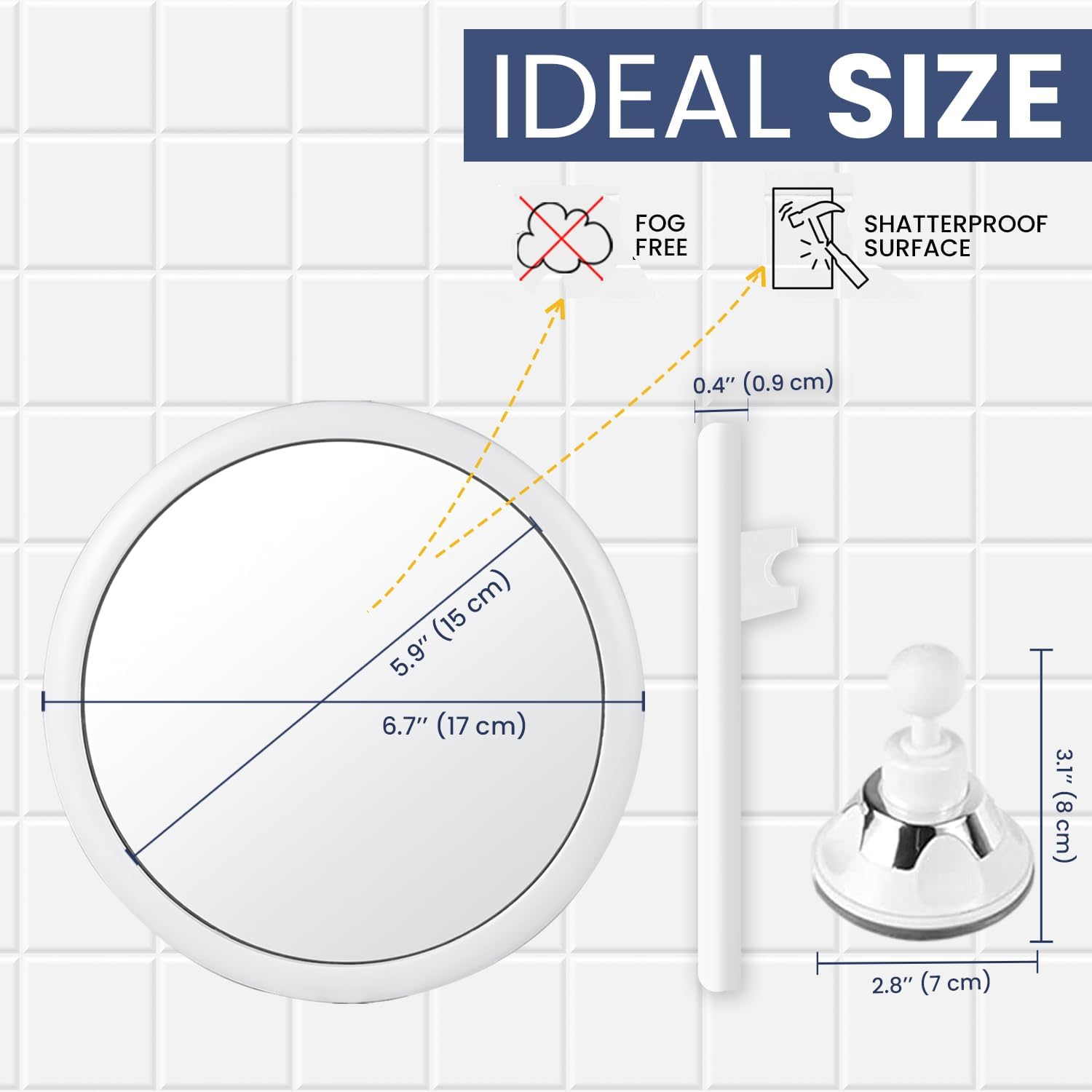 Round Fogless Shower Mirror with Suction Mount (White)