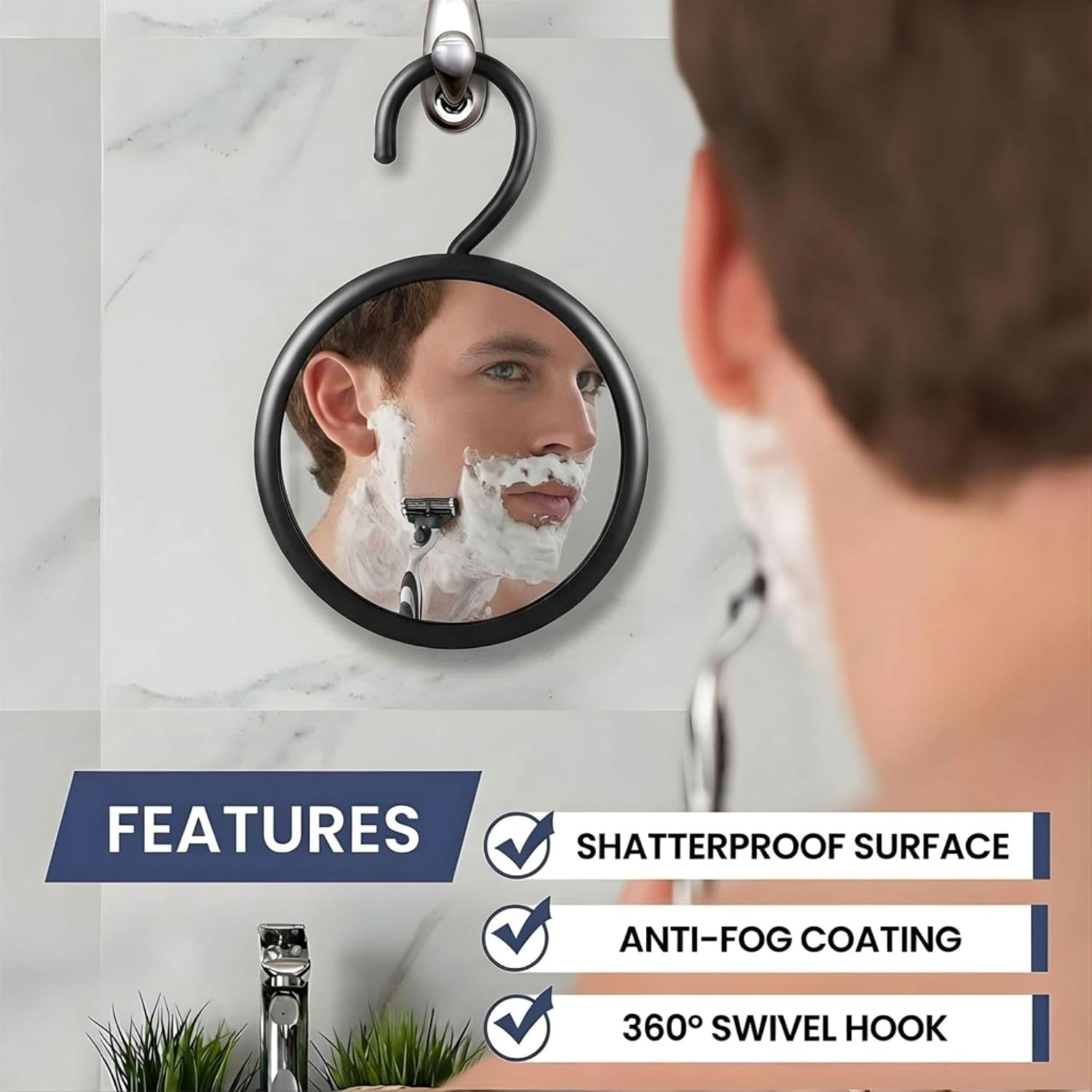 Round Hangable Fogless Shower Mirror (Black)