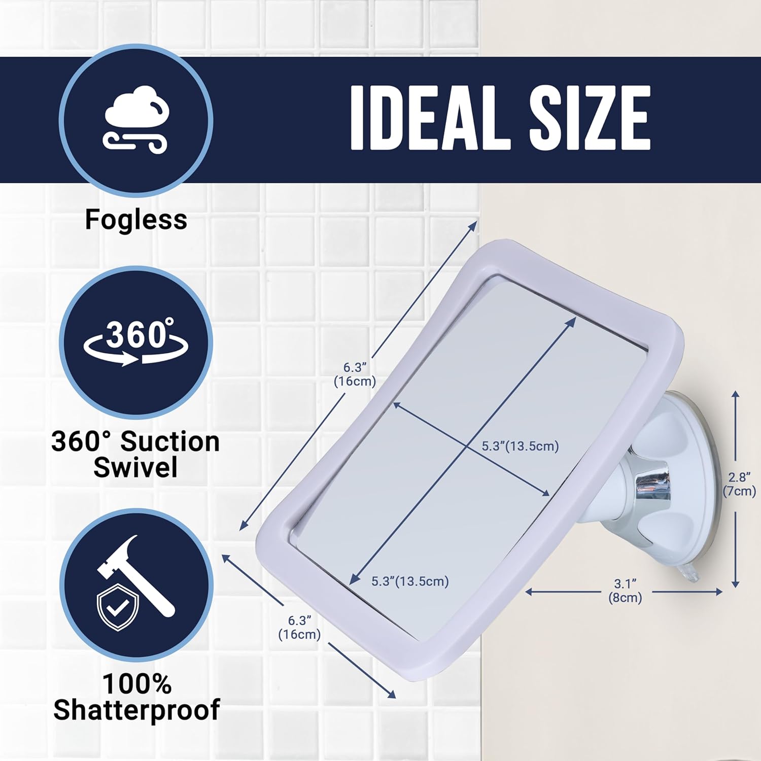 Fogless Shower Mirror for Shaving with Suction Mount (Pure White)
