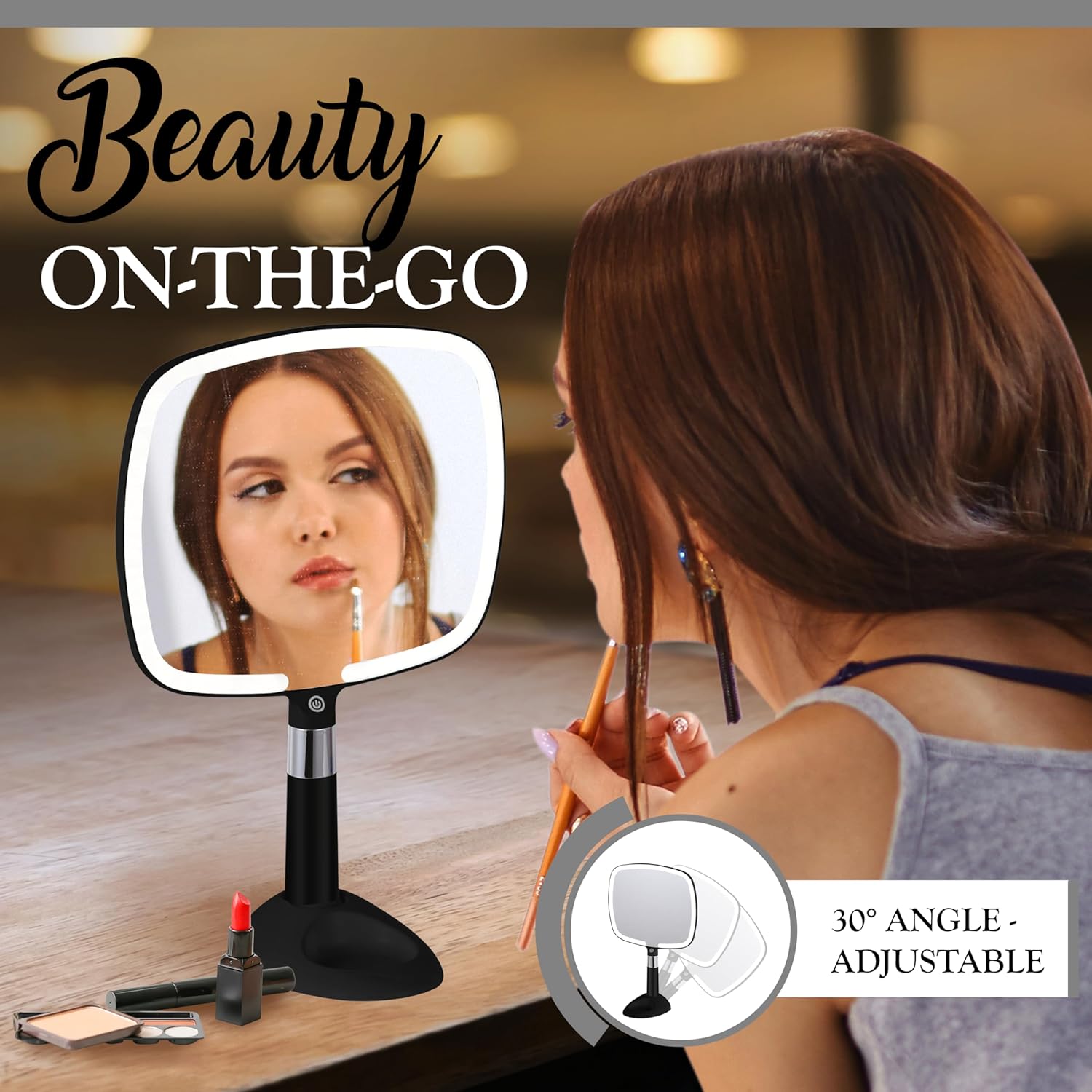 Lighted Travel Hand Mirror with Detachable Stand (Black)