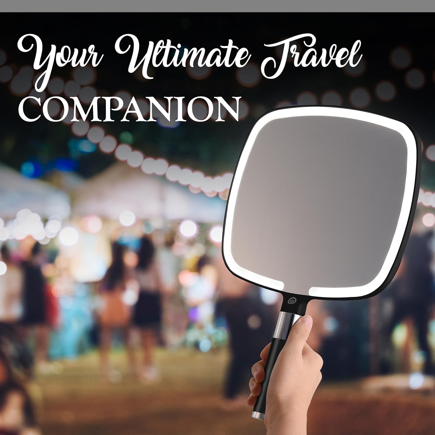 Lighted Travel Hand Mirror with Detachable Stand (Black)