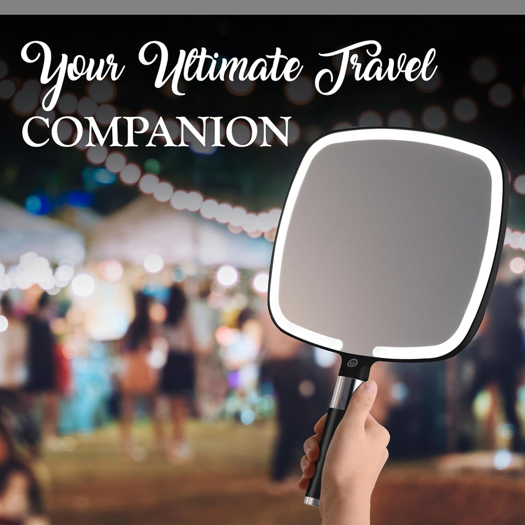 MIRRORVANA Lighted Travel Makeup Mirror - 2 in 1 Handheld & Tabletop LED Mirror with 3 Light Modes, Detachable Stand, and Comfy Handle - 9" x 13" (Black)