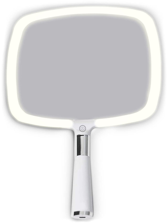 MIRRORVANA® Lighted Travel Hand Mirror with Comfy Handle and Detachable Stand - Portable, Thin and Lightweight Design - Rechargeable with 3 LED Light Settings - 9" x 13" (White)