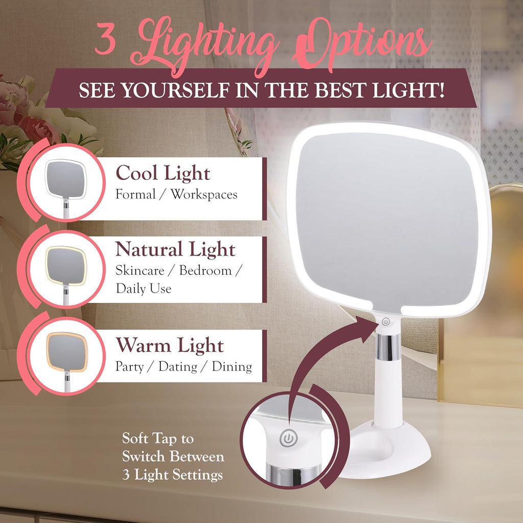 MIRRORVANA® Lighted Travel Hand Mirror with Comfy Handle and Detachable Stand - Portable, Thin and Lightweight Design - Rechargeable with 3 LED Light Settings - 9" x 13" (White)