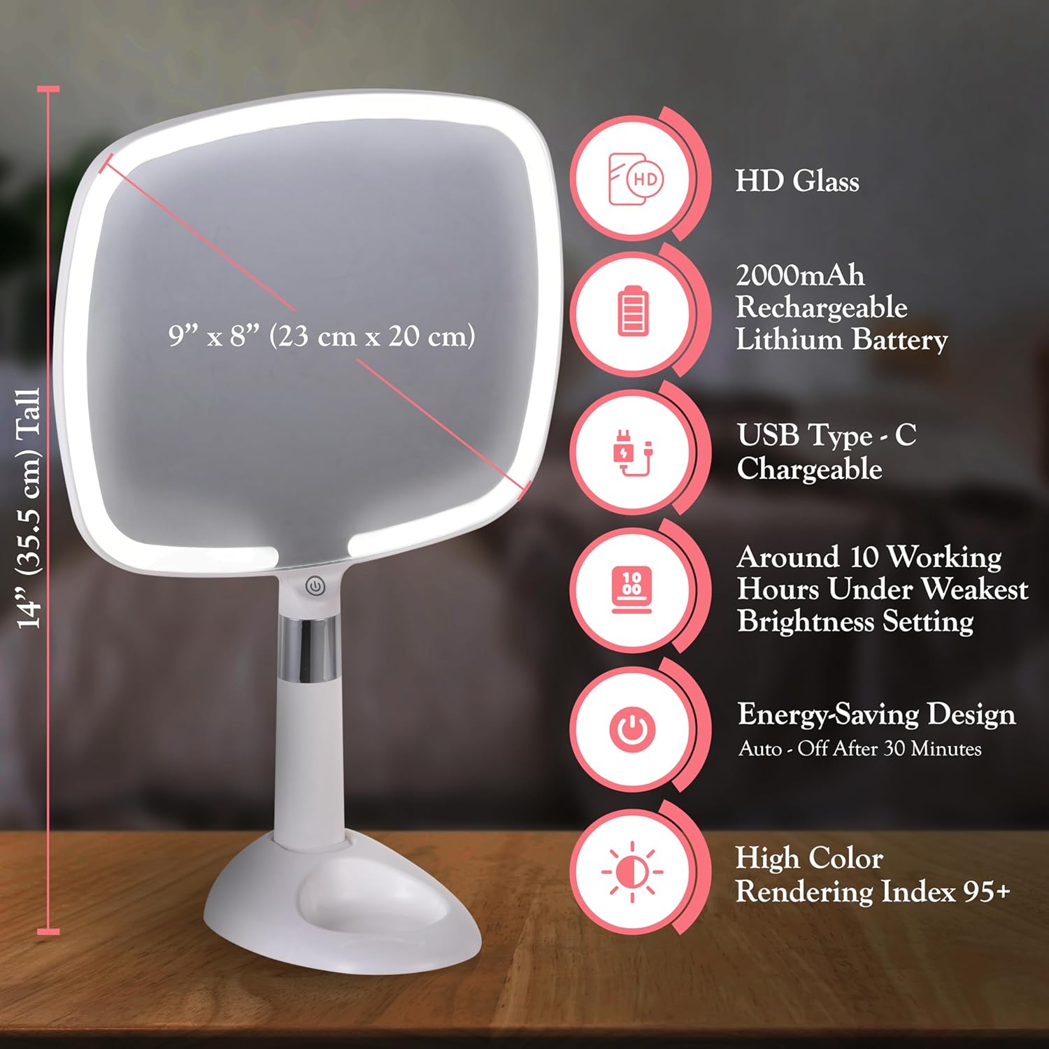 Lighted Travel Hand Mirror with Detachable Stand (White)