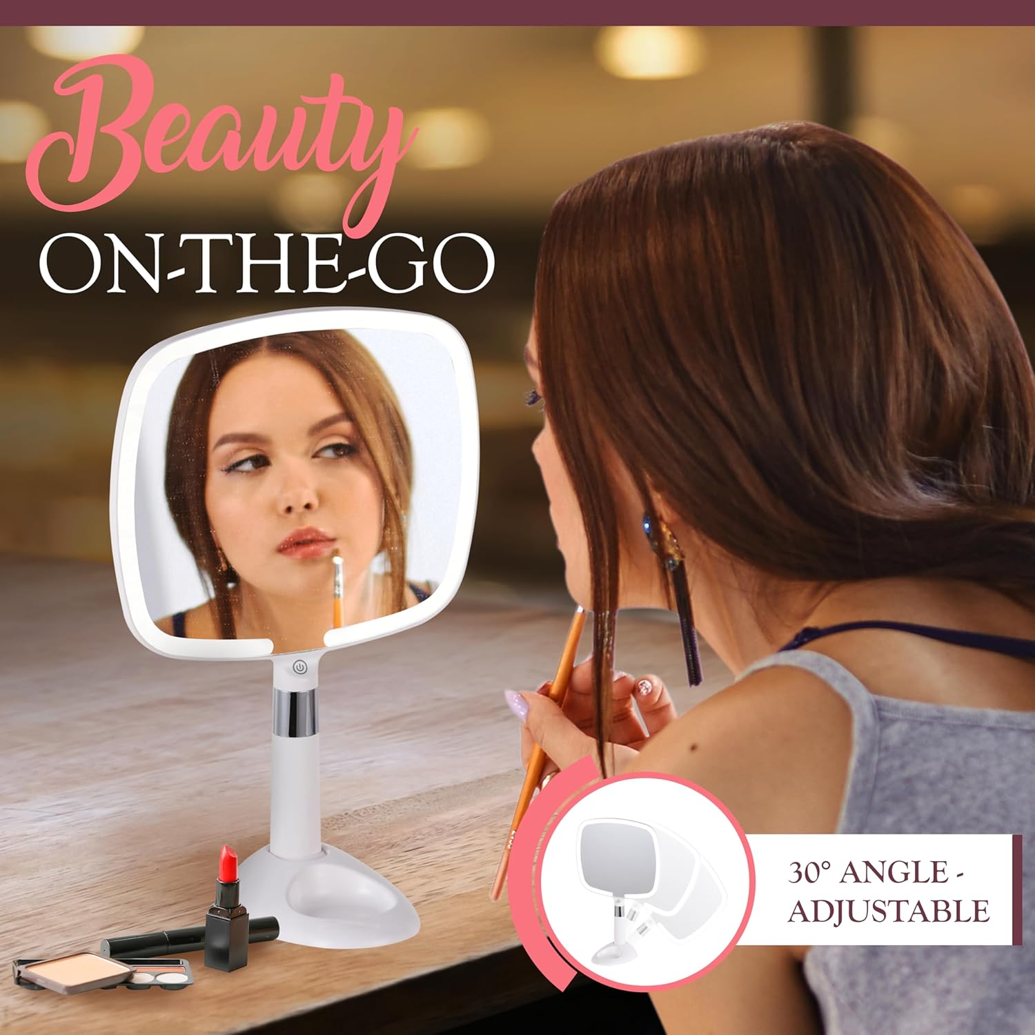 Lighted Travel Hand Mirror with Detachable Stand (White)