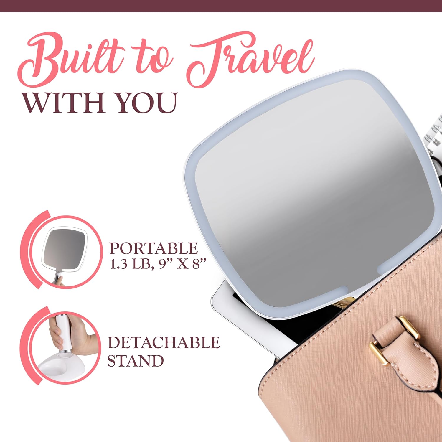 Lighted Travel Hand Mirror with Detachable Stand (White)