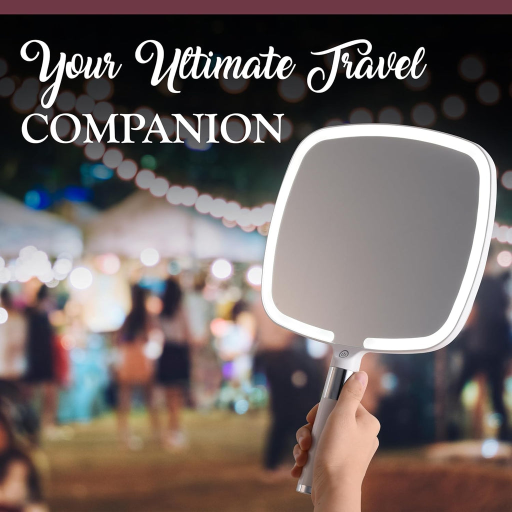 MIRRORVANA® Lighted Travel Hand Mirror with Comfy Handle and Detachable Stand - Portable, Thin and Lightweight Design - Rechargeable with 3 LED Light Settings - 9" x 13" (White)