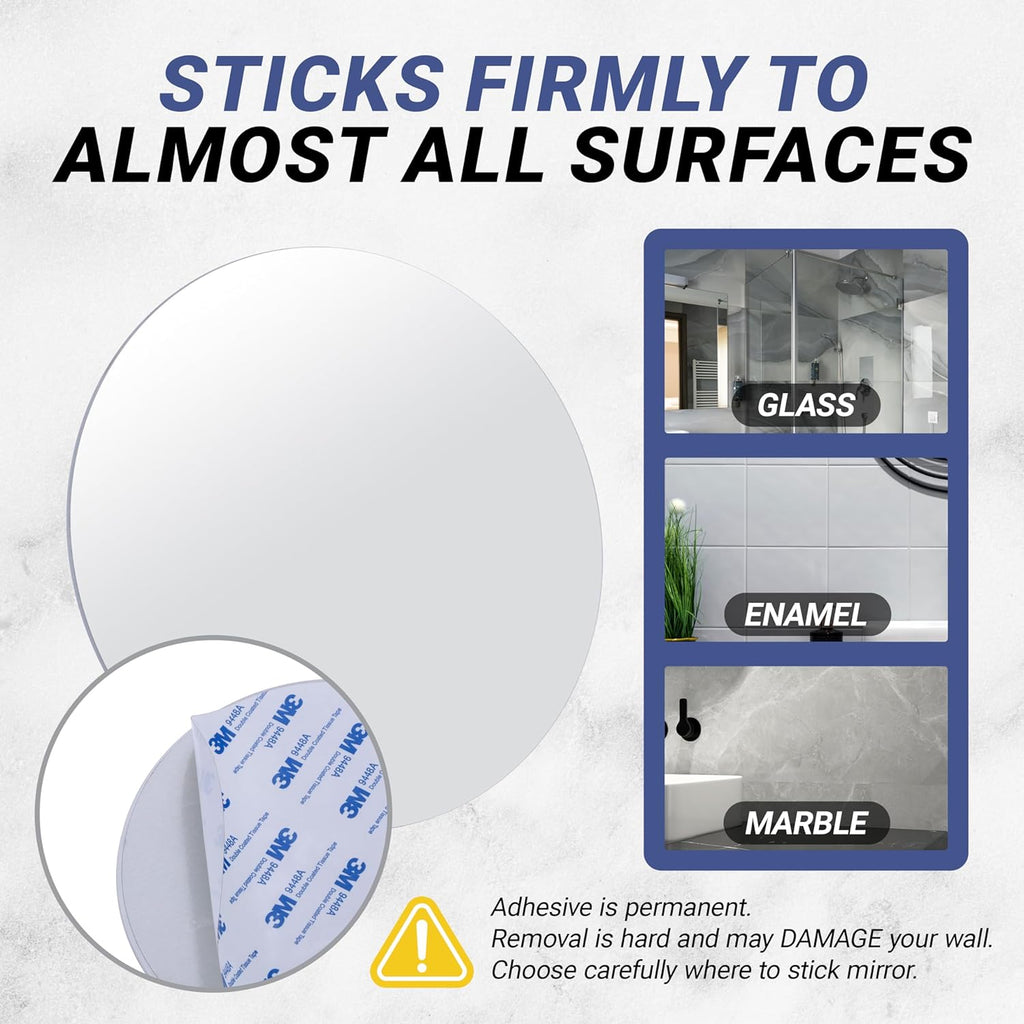Sticky 3M Adhesive Anti-Fog Shaving Mirror - Peel and Stick Fogless Shower Mirror for Men - Frameless & Shatterproof Plastic Mirror - 6" Round
