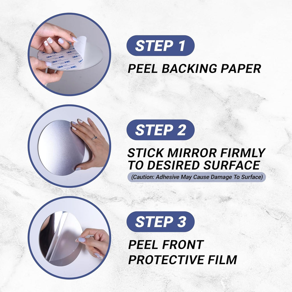 Sticky 3M Adhesive Anti-Fog Shaving Mirror - Peel and Stick Fogless Shower Mirror for Men - Frameless & Shatterproof Plastic Mirror - 6" Round