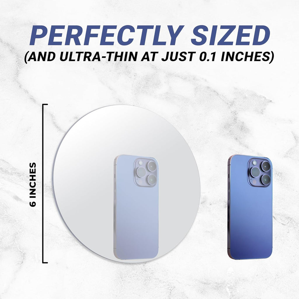 Sticky 3M Adhesive Anti-Fog Shaving Mirror - Peel and Stick Fogless Shower Mirror for Men - Frameless & Shatterproof Plastic Mirror - 6" Round
