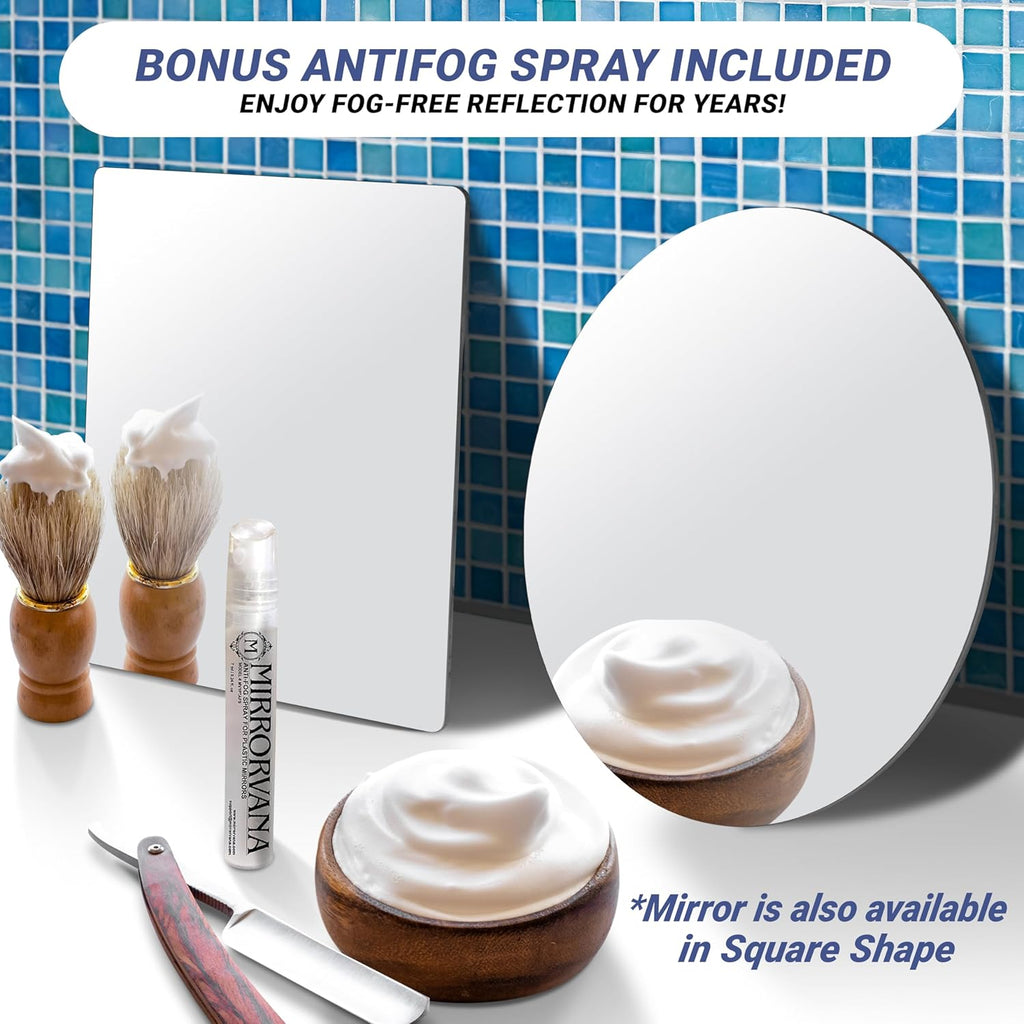 Sticky 3M Adhesive Anti-Fog Shaving Mirror - Peel and Stick Fogless Shower Mirror for Men - Frameless & Shatterproof Plastic Mirror - 6" Round