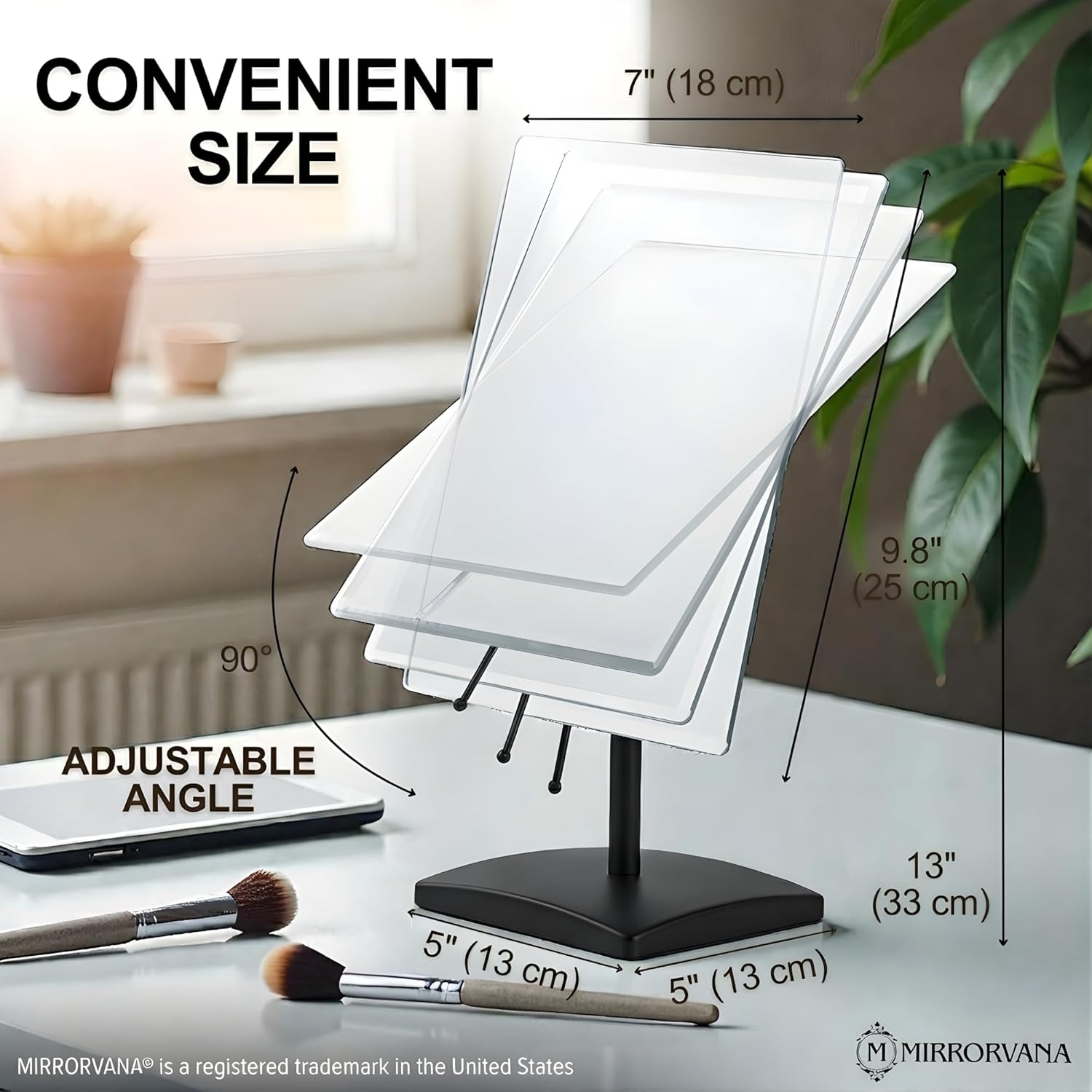 Large Tabletop Face Mirror in Gift Box, Non-magnifying (Black)
