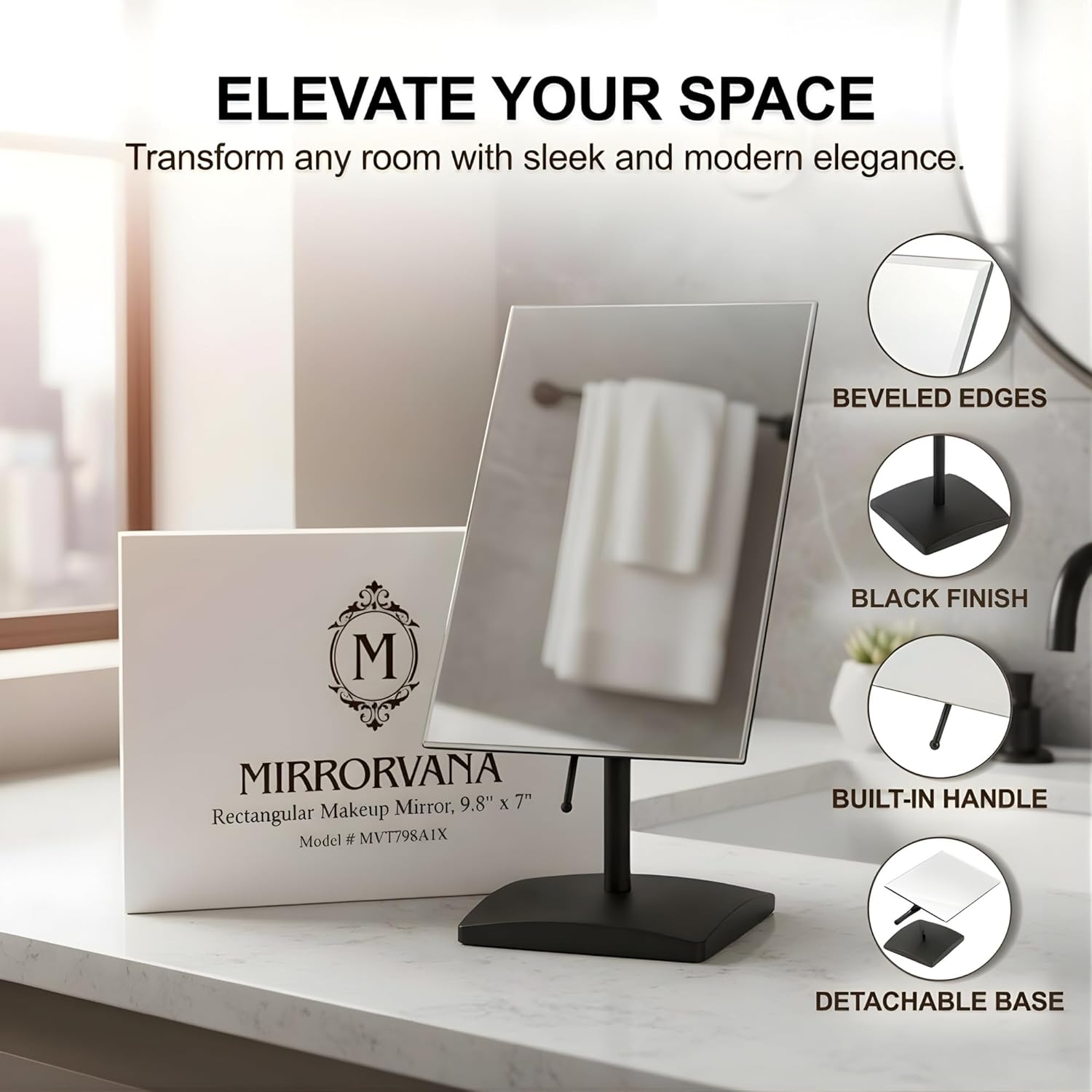 Large Tabletop Face Mirror in Gift Box, Non-magnifying (Black)