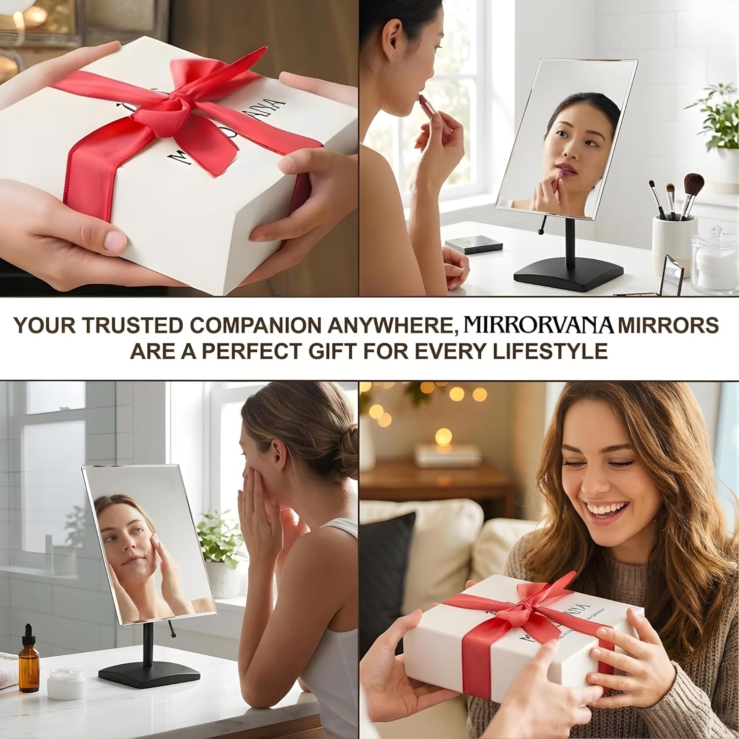 Large Tabletop Face Mirror in Gift Box, Non-magnifying (Black)