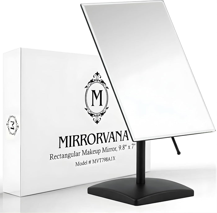 MIRRORVANA Large Table Desk Mirror with Stand for Office Desktop, Makeup Vanity and Bathroom Countertop - Personal Adjustable Face Mirror - 9.8" x 7" (Black)